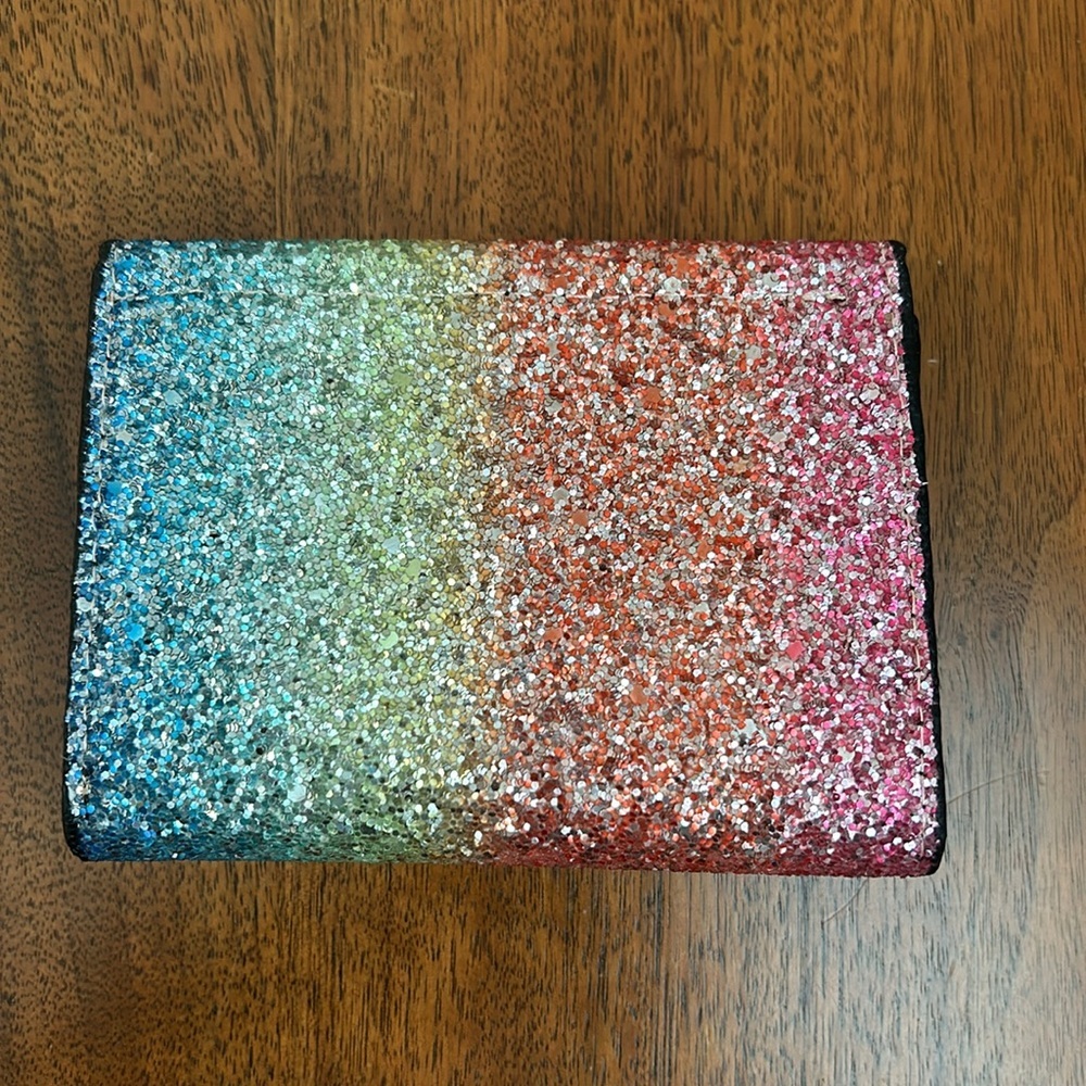 NEW Multi-Color Glitter Tri-Fold Wallet with Heart Snap Closure Detail - Picture 2 of 5